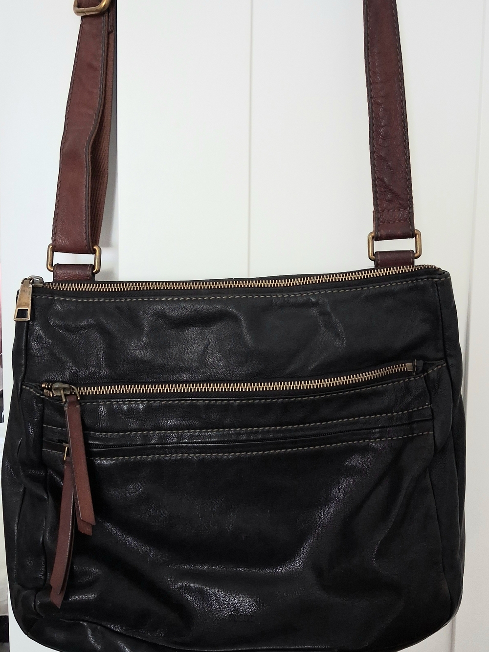 Fossil Black Leather Crossbody with Brown Strap